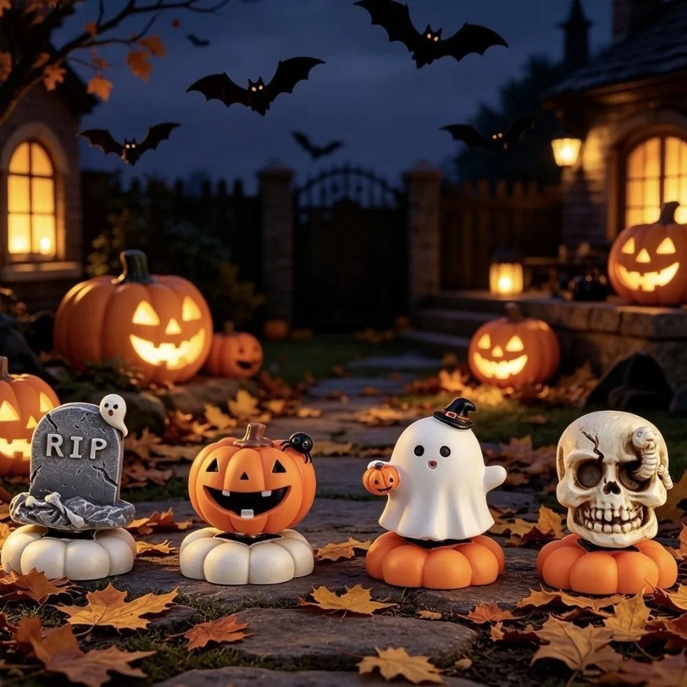 Gothic Style Rotating Pumpkin Ghost Ornament Spooky Resin Ghost Pumpkin Skull Figurine Rotating Cute Tombstone Shaped Ornament