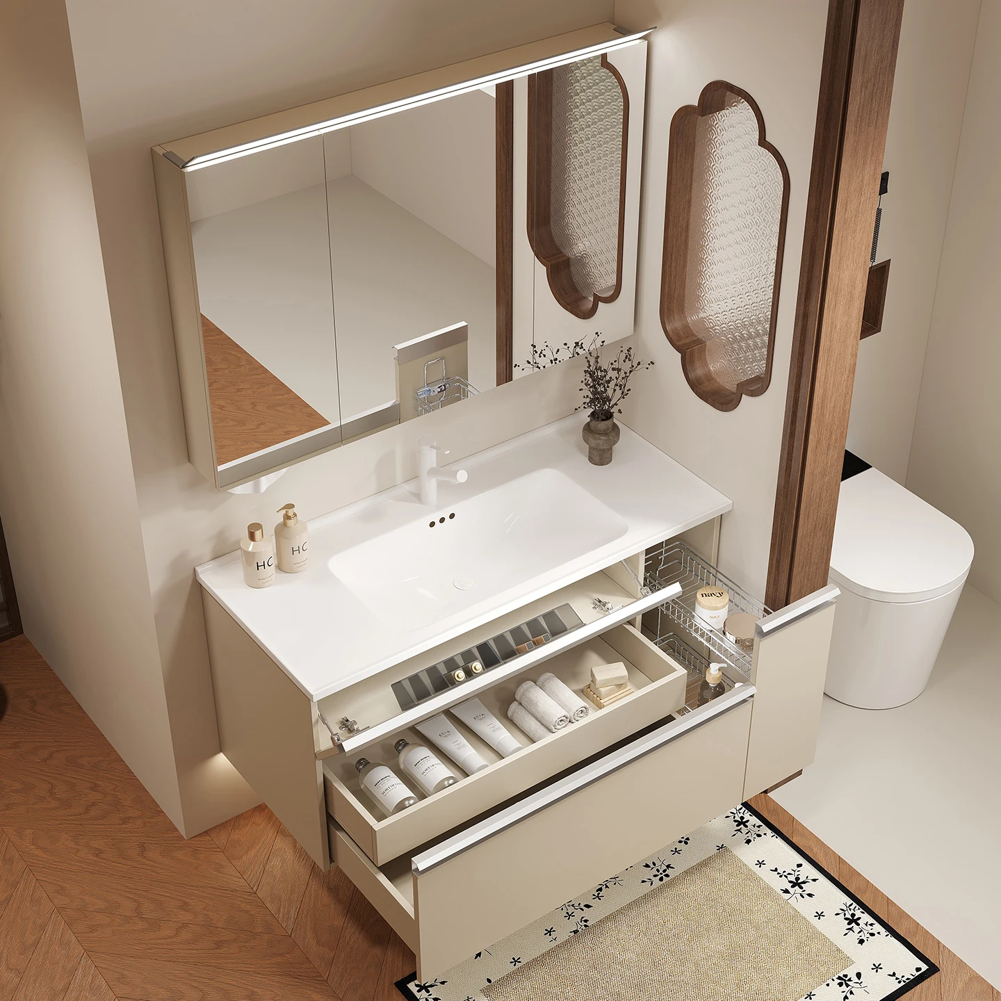 

Новый японский кремовый ветер из массива дерева с выдвижной корзиной для ванной комнаты, керамический встроенный раковина для туалета