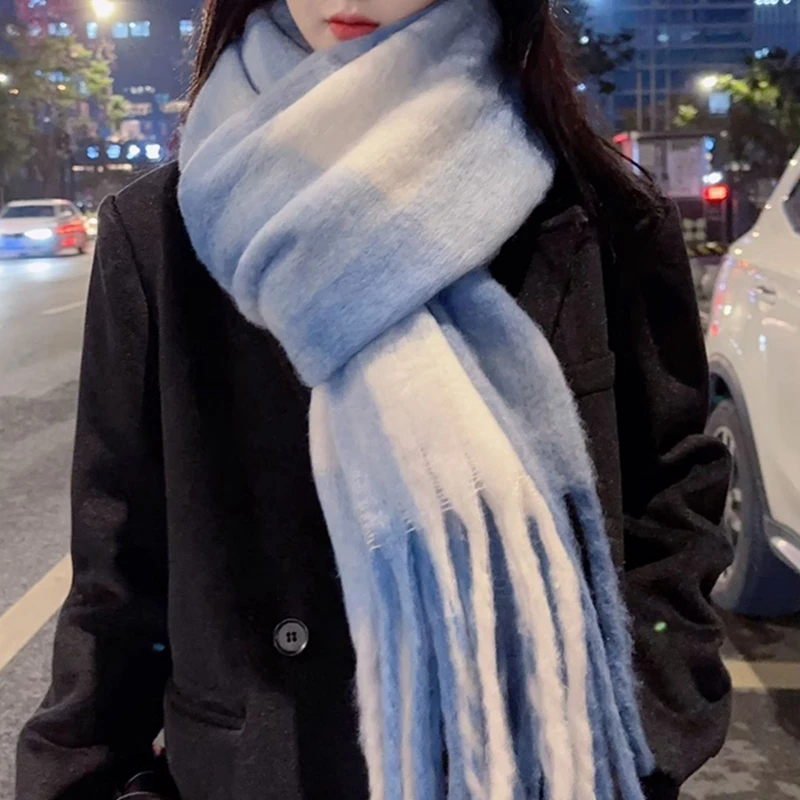 Imitation Cashmere Plush Scarf Ladies Winter Warm Scarf Oversized Windproof Outdoor Plaid Tessel Shawl Scarf Soft Thickened