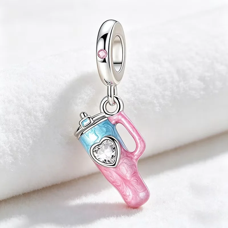 Abalorio Colgante de Plata de Ley 925 con Diseño de Vaso de Agua de Verano y Zirconia Cúbica, Estilo Carrusel, Compatible con Pulseras Originales, Joyería DIY para Mujer, Regalo