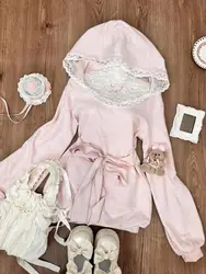 Winter Pink Sweet Hoodie Dress Women Lace Belt Kawaii Party Mini Dress Female Korean Fashion Long Sleeve Desinger Dress 2024 New