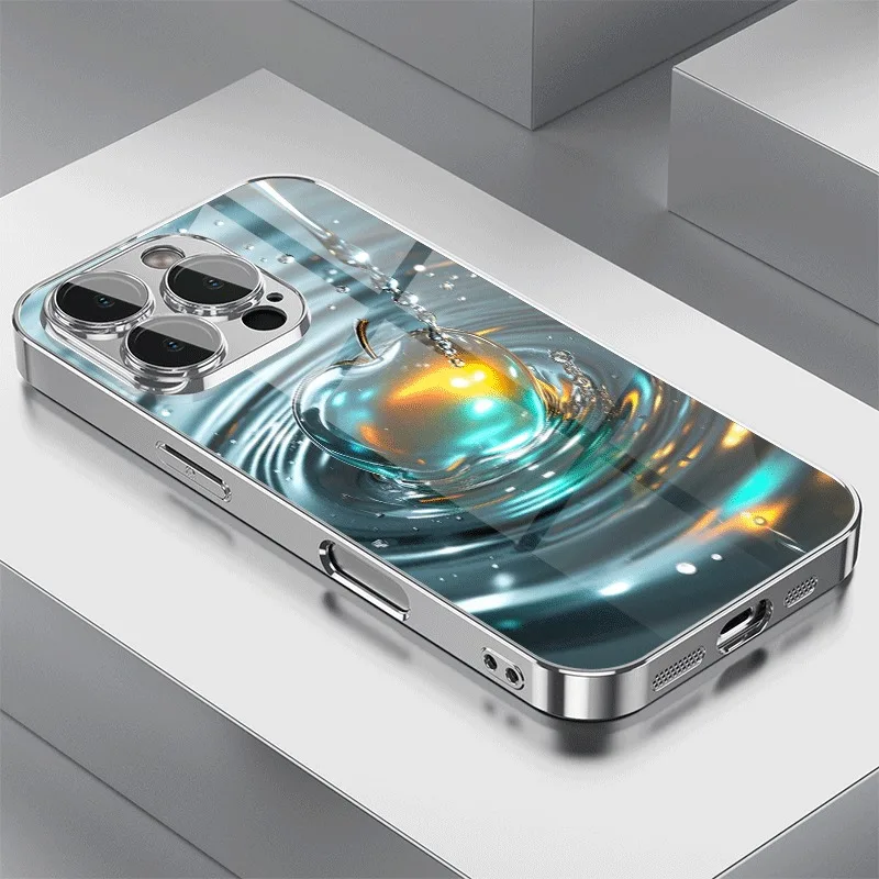 

Colorful Water Wave Apple Pattern Glass Electroplated Phone Case For iPhone 17 16 15 14 13 12 11 Pro Max Plus 16E 17 Air Cover