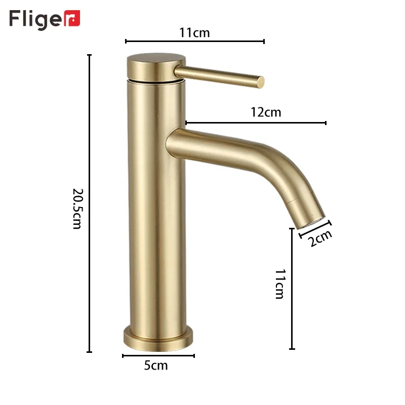 Grifos de lavabo de oro cepillado Fliger, grifo de lavabo de baño en cascada, grifo de baño de acero inoxidable, grifos mezcladores de agua fría y caliente