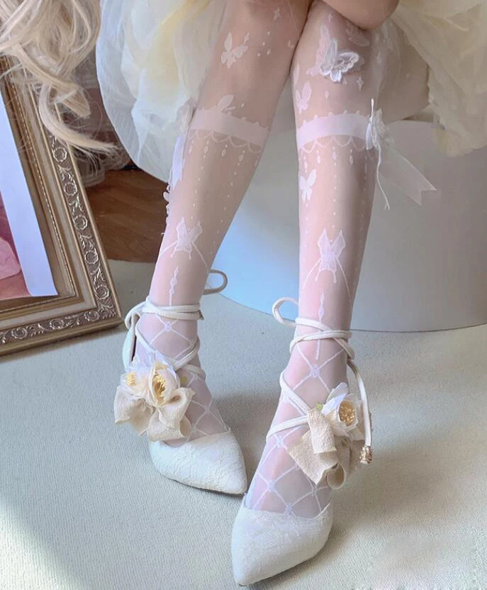 fairy beige flower bowtie bandage wedding Pumps kitten Heels floral lace Pointed toe Detachable flower Party Dress Shoes Woman