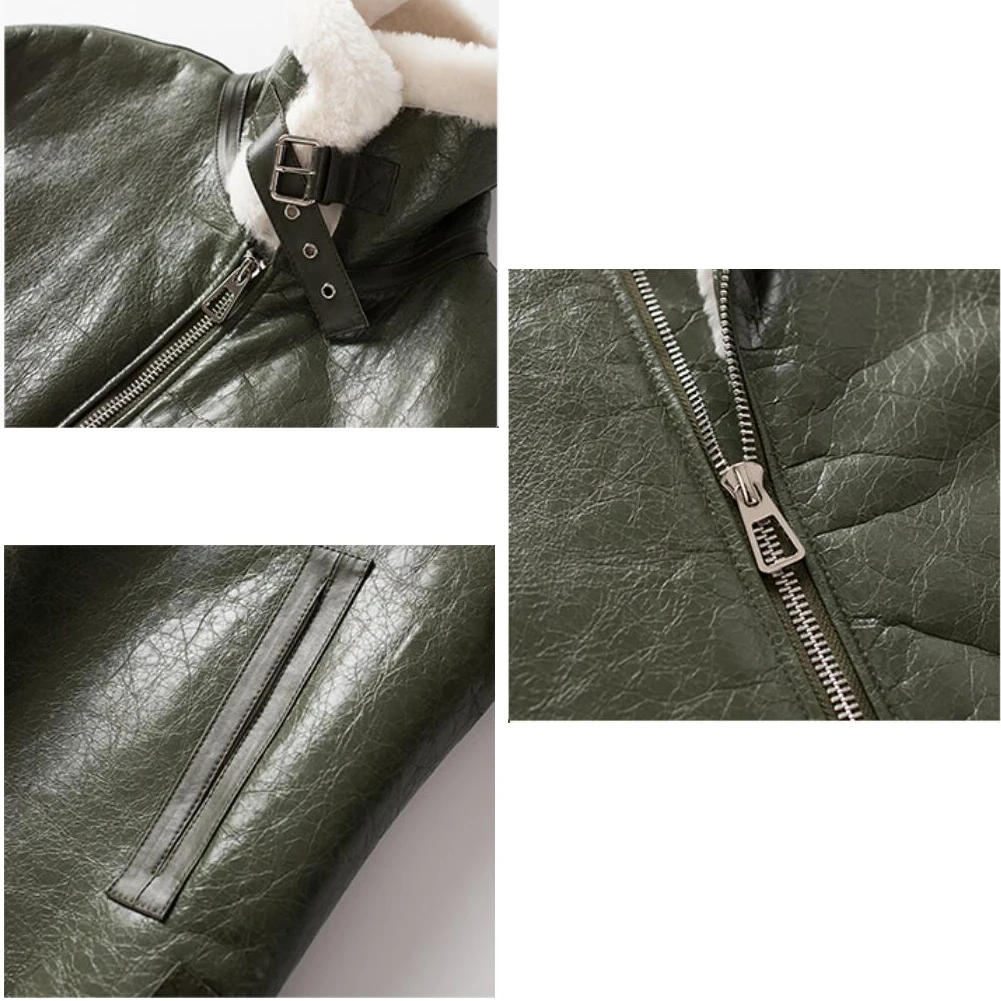 Denny&Dora Mens Shearling Jacket Dark Green Shearling Jacket Shearling Jacket Cropped Short Sheepskin Coat For Men