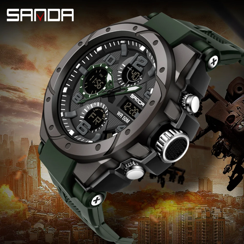 SANDA Top Brand Luxury G style Men\'s Military Sports Quartz Watch Waterproof LED Digital Dual Display Men Electronic Wrist watch