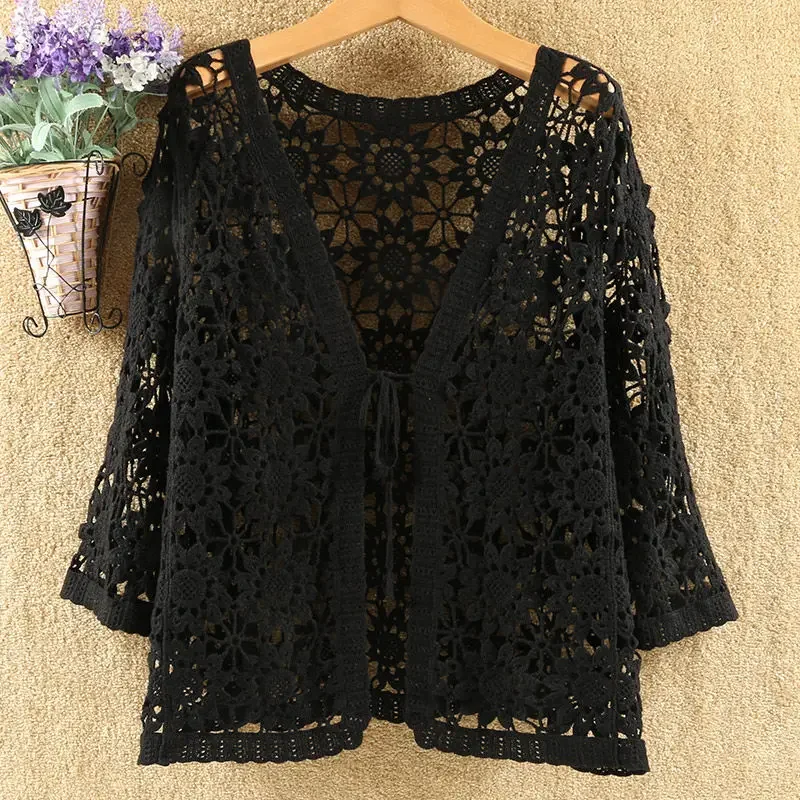 Sexy Hollow Lace Sunscreen Cardigan Sweater Women Wide Loose Air Conditioning Knitted Sweater Thin Section Female Spring Autumn