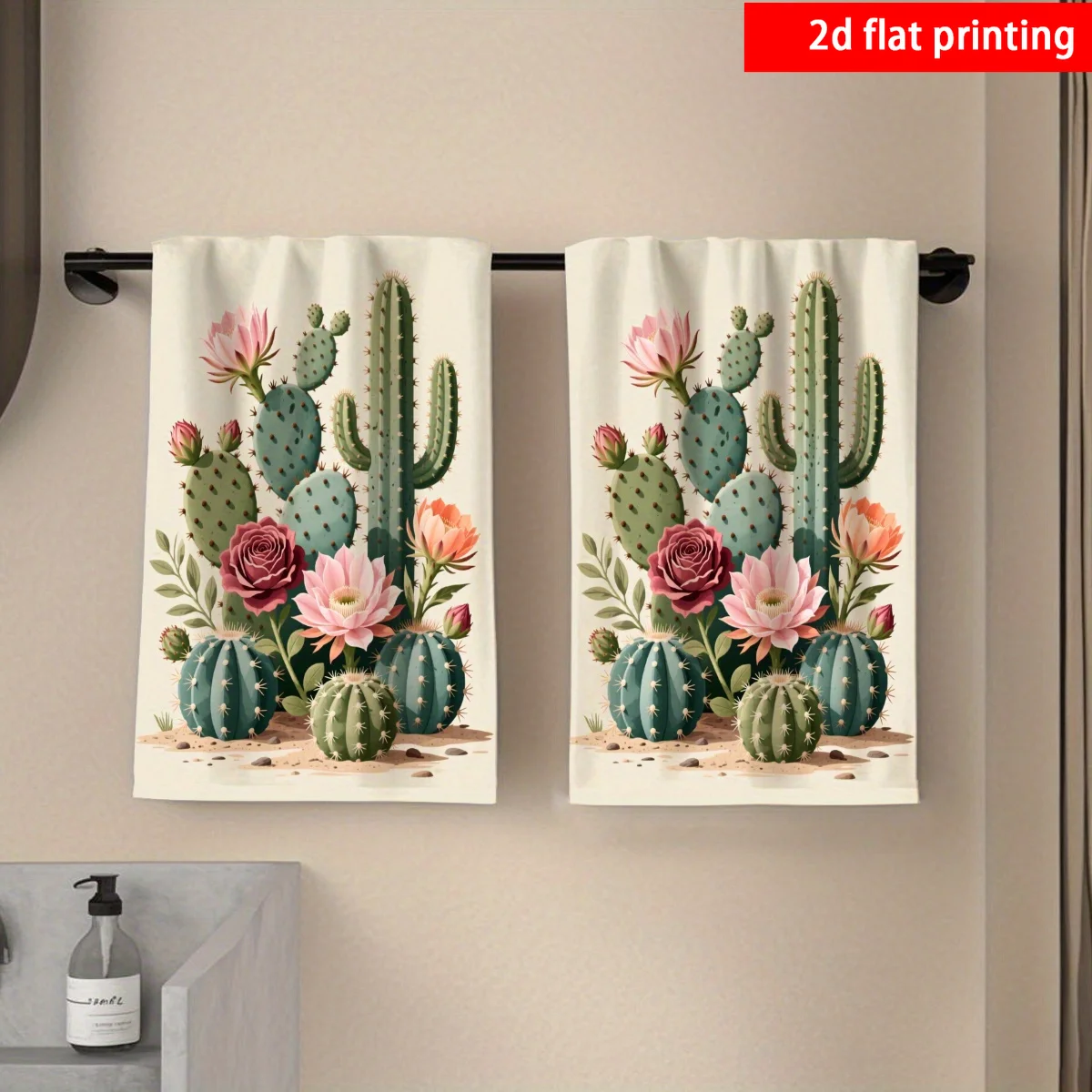 2D flat printing, 2pcs, Illustrator wind cactus pattern print kitchen towel, hand towel