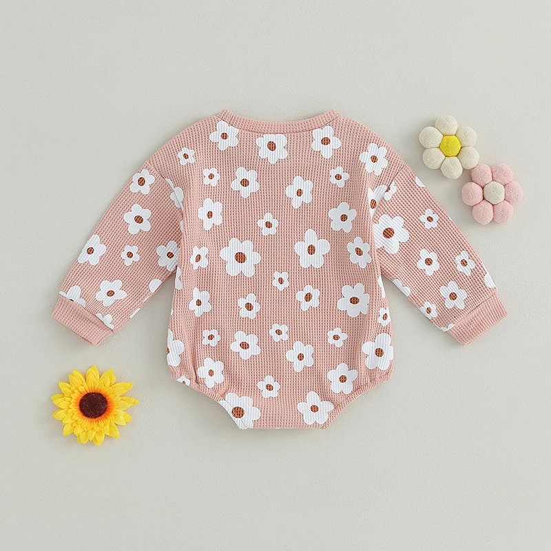 Baby Girls Waffle Knit Romper Floral Print Long Sleeve Jumpsuits for Newborn Infant Toddler Cute Clothes 0-24Months