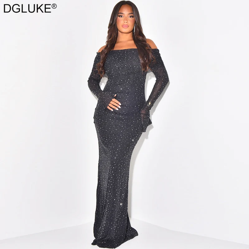 DGLUKE Elegant Black Sequin Evening Dress Woman Off Shoulder Backless Long Dress Glitter Long Sleeve Mermaid Party Gown