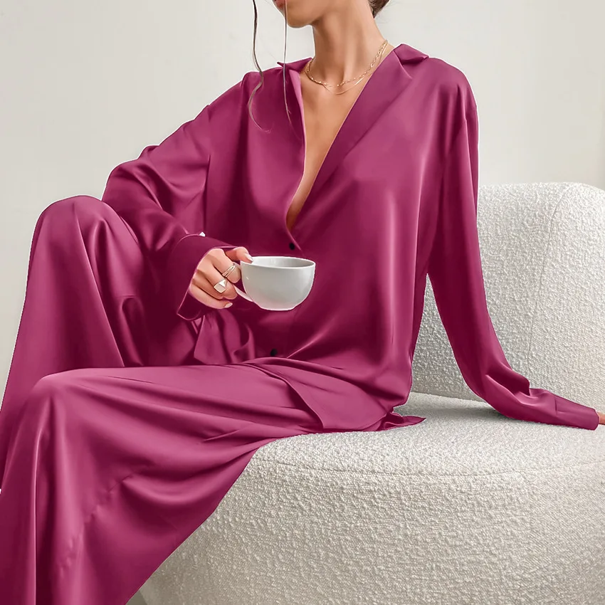 2024 New Satin Silk Pajamas Low-cut Sexy Pajamas For Women Single-breasted Long-sleeved Wide-leg Pants Trousers Suit