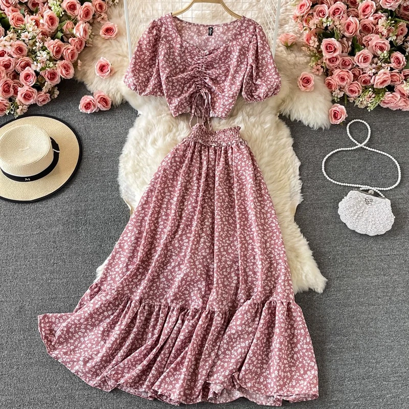 

Summer Chiffon Long Skirt High Waist A-Line Skirt Floral Fresh Half Skirt and High Waist Short Chiffon Shirt Two-Piece Set