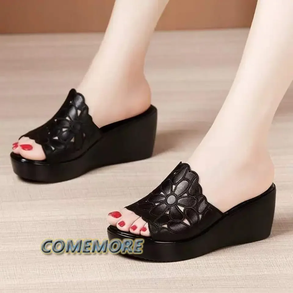 Platform Black Summer Women\'s Sandals PU Leather Wedges High Heel Hollow Peep Toe Female Ladies Shoes Beach Slippers Rome Style