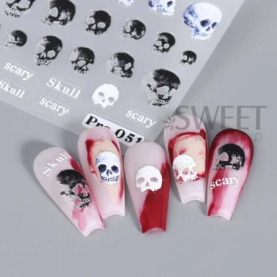 Autocollants pour ongles d'halloween en relief 5D, crâne, citrouille, Silder, fantôme, chauve-souris, toile d'araignée, décalcomanies de dessin animé, décoration de manucure gravée