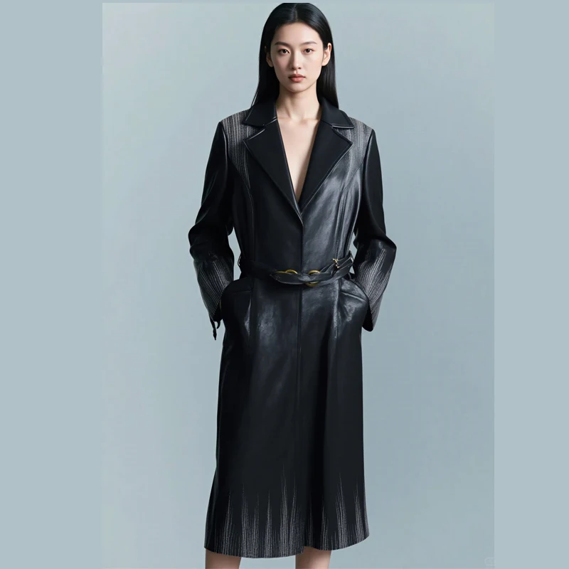 

Fashion Women Leather Black Coat Autumn Winter Long Coat Luxury PU Trench Jacket Oversized Overcoat Turn-down Collar Pockets