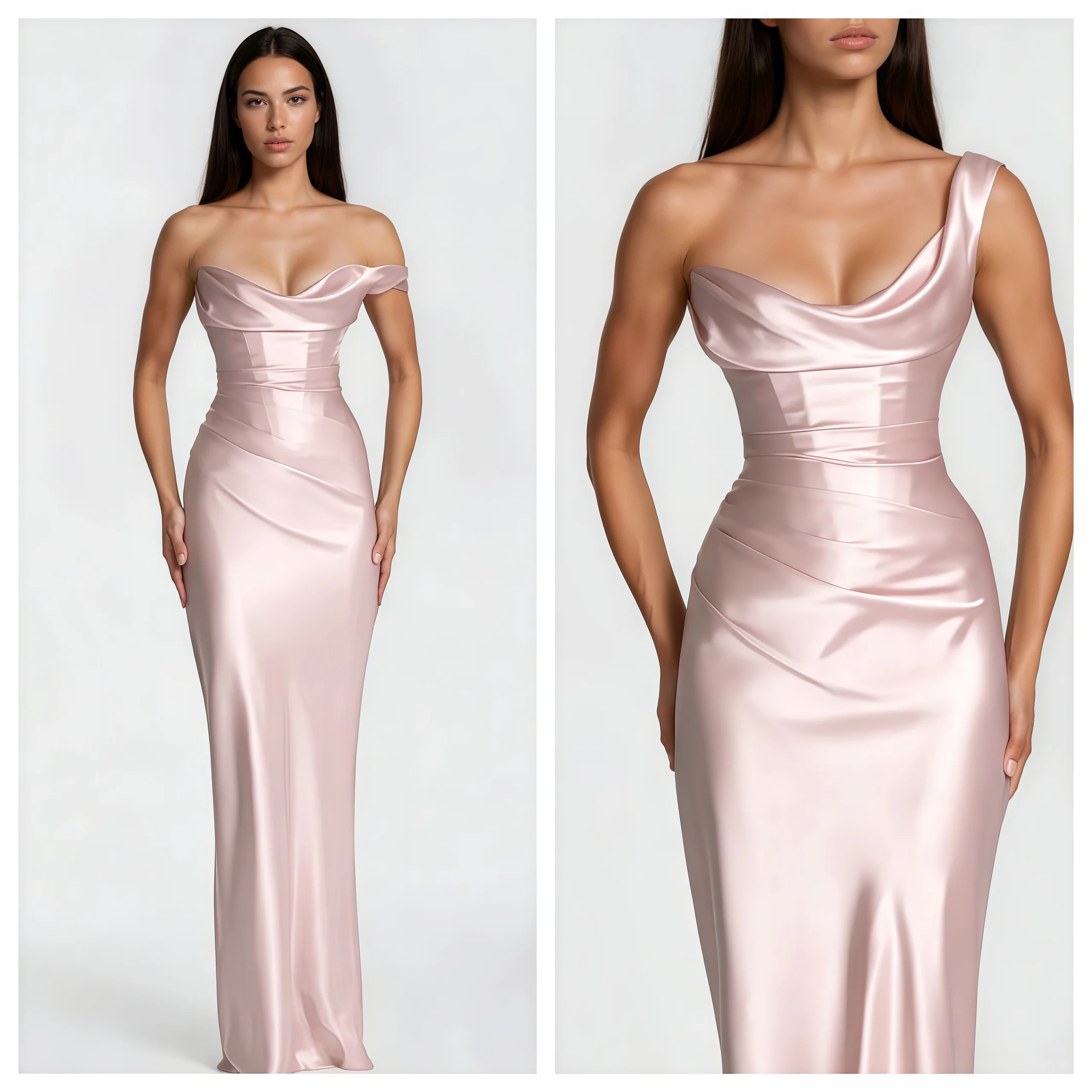 

Sexy Satin One Shoulder Fishbone Maxi Dress Chic Sweetheart Lace Up Corset Ruched Waist Bodycon Evening Cocktail Prom Dresses