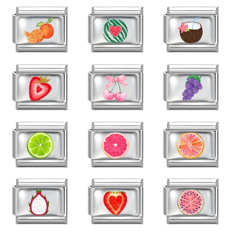 New Fresh Fruits Bow Cherry Heart Watermelon Strawberry Italian Charm Links Fit 9MM Stainless Steel Bracelet DIY Making Jewelry