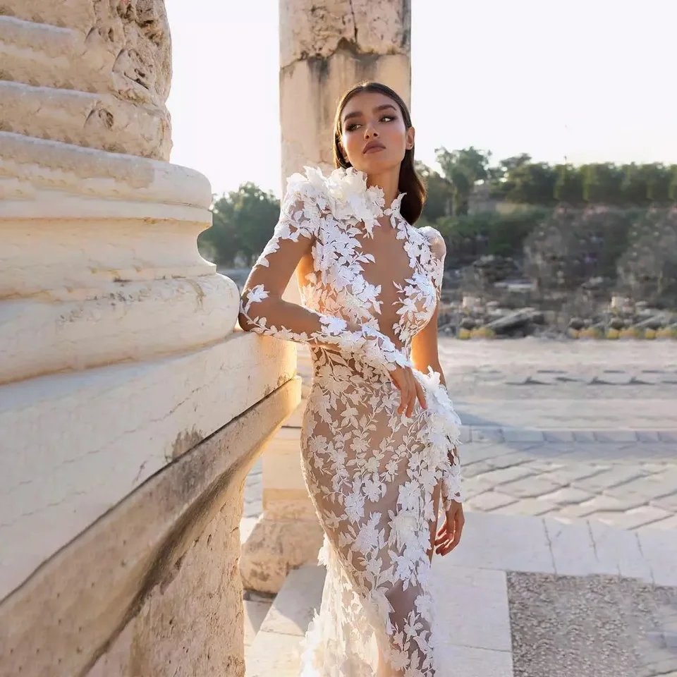 Robe de mariée sirène sexy avec appliques en dentelle, col haut, fente latérale, manches longues, train de balayage, robe de patients Boho, 2023