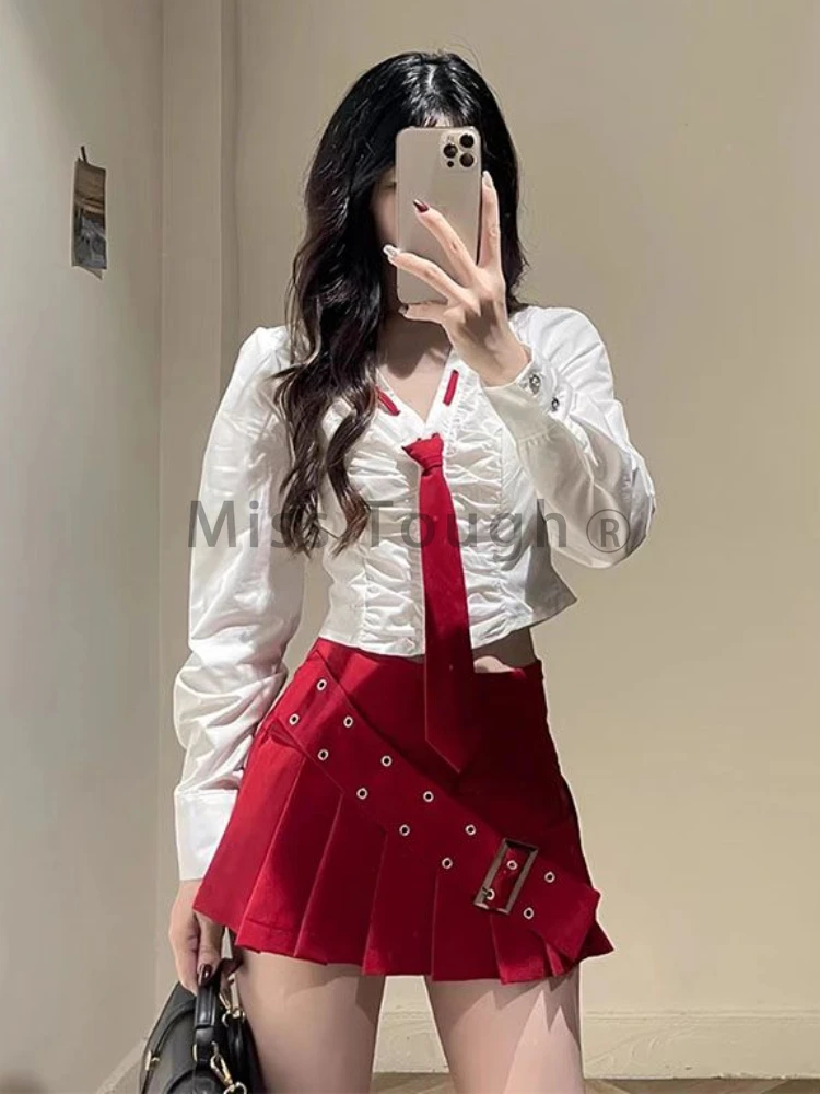 Autumn Spice Girl Y2k Design Two Piece Set Preppy Style Fashion Suit Streetwear Women Long Sleeve Shirt + Mini Pleated Skirt Set