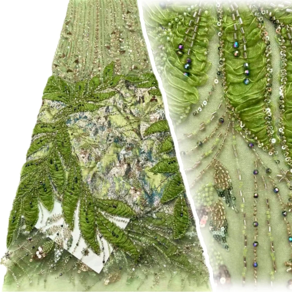 

Luxury African Sequin Beaded Lace Fabric 2026 Premium Quality Green French-Nigerian Embroidered Lace Fabric Party Gown SZ1950