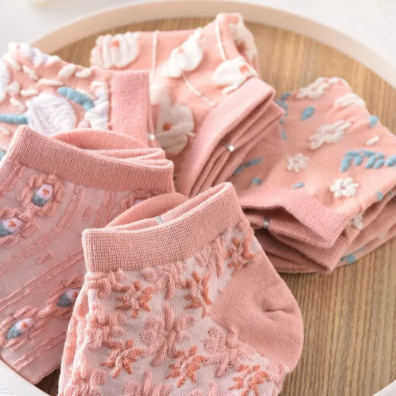 3D Textured Ankle Socks Vintage Style Thin Low Cut Hosiery for Womenity Pink Boat Socks 5 Pairs Female Kawaii Cute Flower