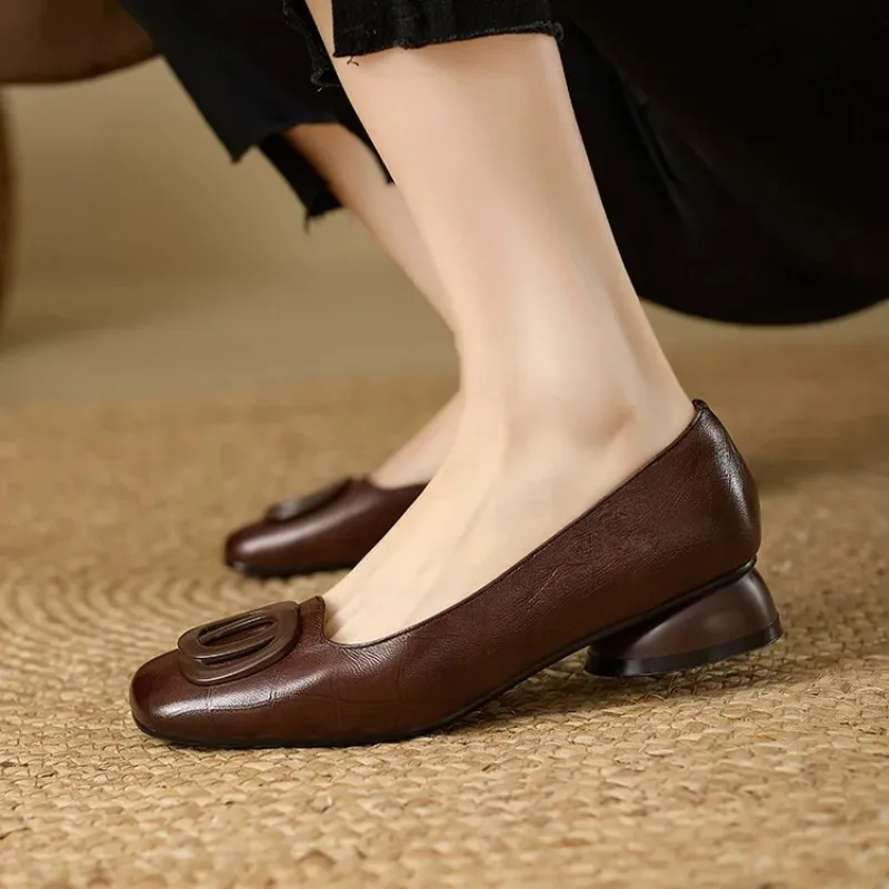 French Style Women Shoes Pumps Leather Shoes for Women Square Head Fashion Shoes Woman Footwear - view 5