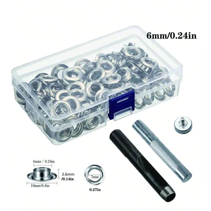 Grommet Tool Kit 100 Sets Grommets Oogjes 6Mm 10Mm 12Mm 14Mm Binnendiameter Zilver Voor Kleding schoenen Tas Lederen Ambachten Diy