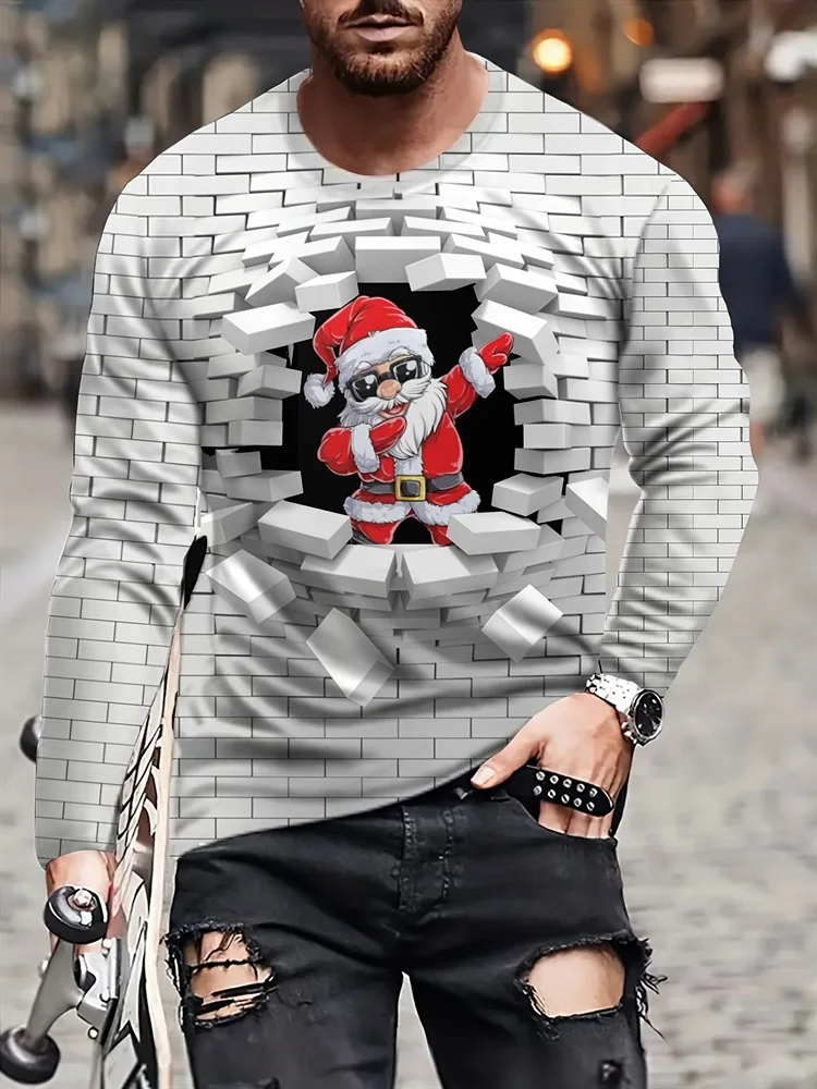 Men's Christmas Santa Claus Elf Tree Gift Box Long Sleeve T-Shirt Graphic Tee Pullover Tops Gift New Fashion Holiday Style