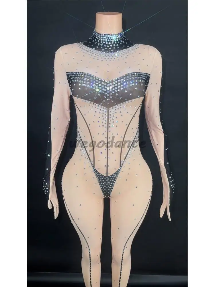 Multi Color Full Rhinestones Mesh Jumpsuit Birthday Party Nightclub Bar Performance Costume