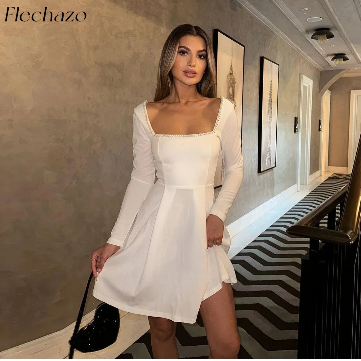 

Flechazo Summer Short Evening Dresses Square Neck Pearls Above-Knee Simple Party Mid Dress For Women 2024 Abendkleider Damen