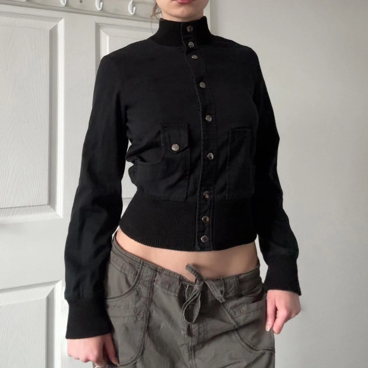 

Slimming American Retro Hot Girl Style Jacket Stand Collar Waist Cinched Street Cool Dark Basic Casual Outerwear For Women