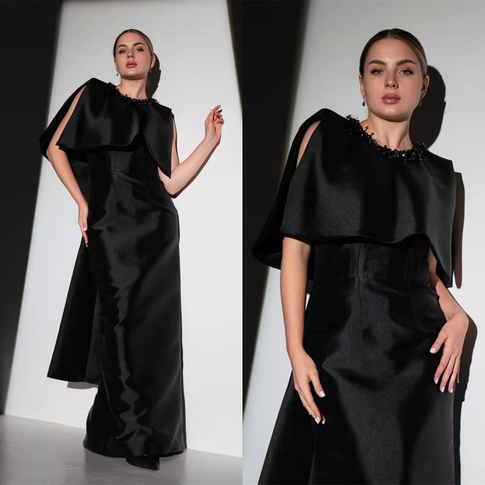 فستان سهرة فاخر من الساتان الأسود مخصص رائع برقبة دائرية وأكمام قصيرة شال بدون أكمام كريستال فساتين مناسبة مخصصة #2