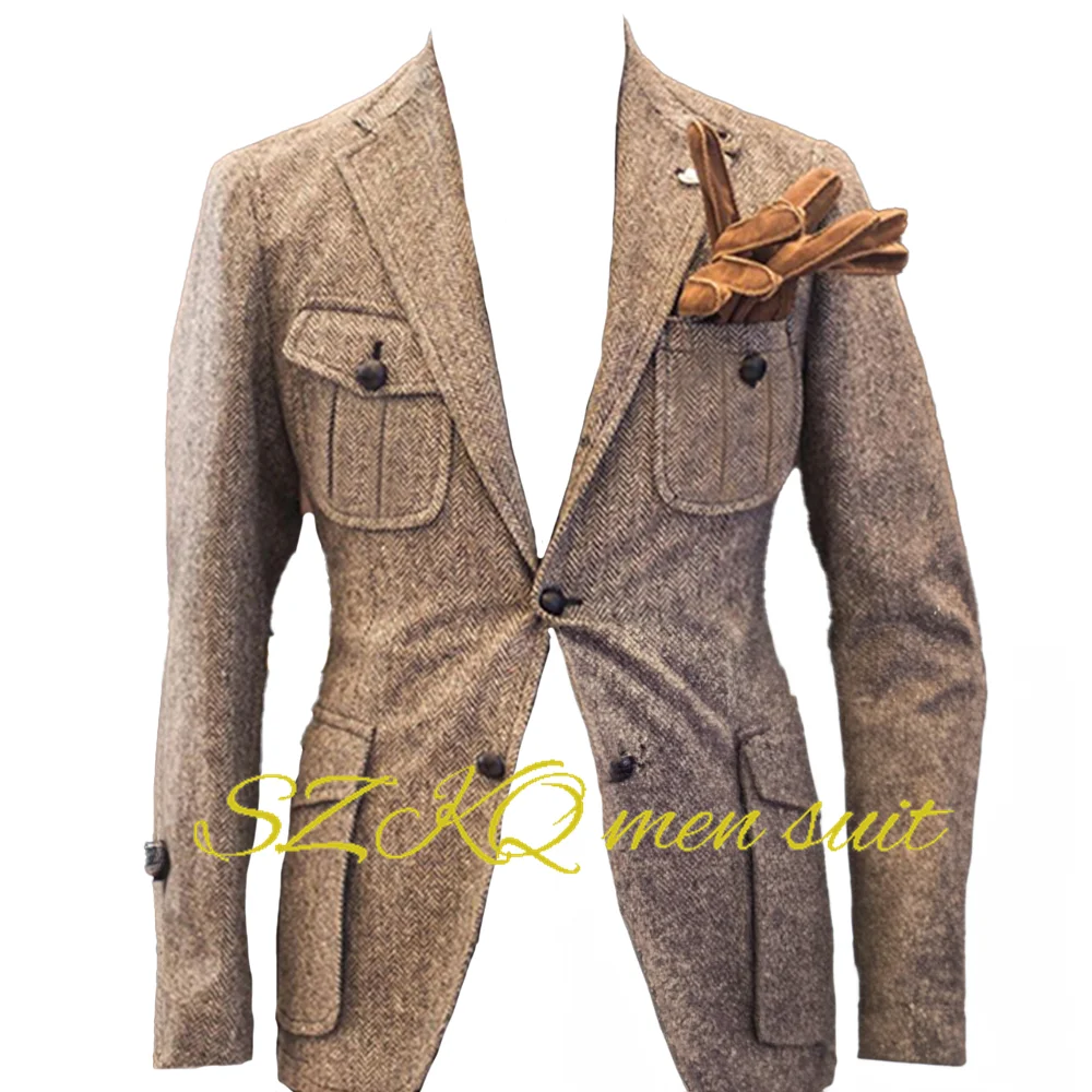 Men's Suit Jacket Khaki Herringbone Blazer Vintage Formal Clothing Wool Men's Custom XS-5XL Jacket