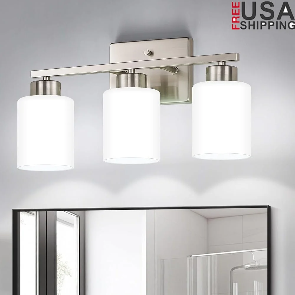 

Brushed Nickel 3-Light Bathroom Vanity Light Fixtures Modern Wall Sconces Milky White Frosted Glass Shades ETL-Certified Durable