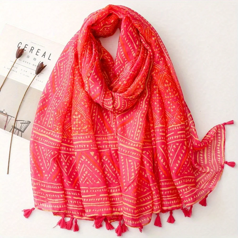 1pc Women's Boho Geometric Print Balinese Gauze Tassel Long Scarf, New Vintage Soft Breathable Scarf For Spring Summer,