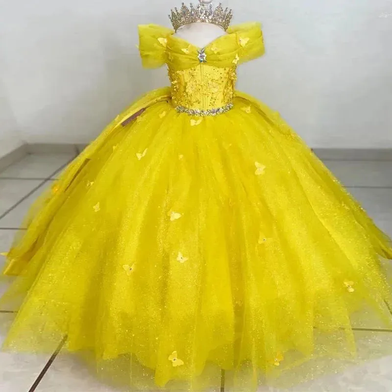 

Shiny Flower Girls Dresses Off Shoulder Ball Gown Kids Birthday Party Gown Yellow Applique Crystals Bow First Communion Dress