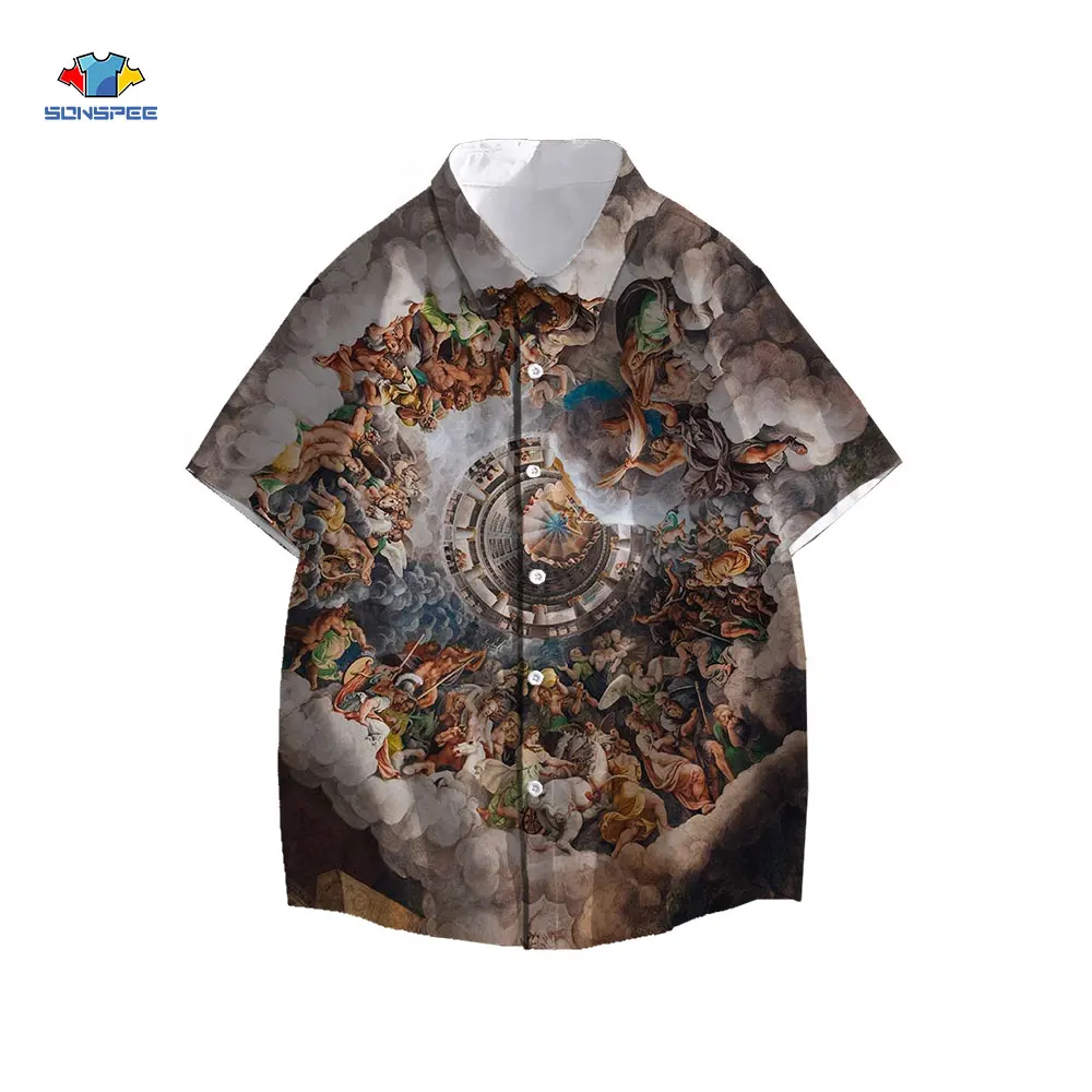 SONSPEE Vintage European Fresco Print Hawaiian Shirt Aesthetic Men\'s Summer Short Sleeve Shirts Women Casual Oversize Beach Top