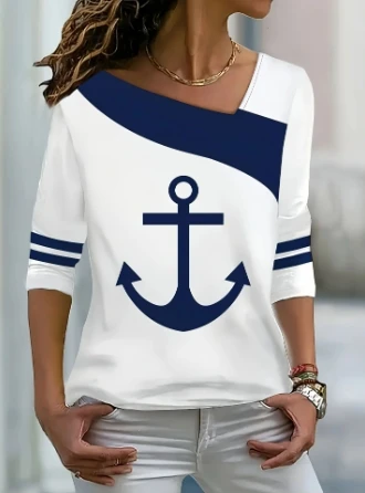 

Elegant Women's Shirt Autumn Casual Boat Anchor Print Color Blocked Long Sleeve T-Shirt Diagonal Collar Pullover Casual T-Shirt