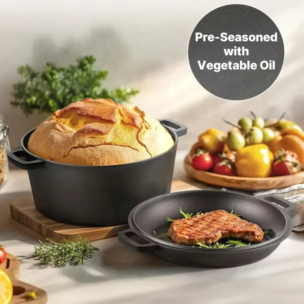 

PreSeasoned 2In1 Cast Iron Dutch Oven Set With Lid Accessories Deep DoubleHandle Pot, Stove Compatible For Camping BBQ Bread Ba