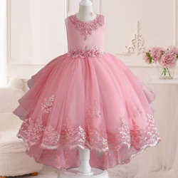 Little Girls Lace Embroidered Flower Girl Dress Birthday Party Pageant Hi-Lo Gown AT122