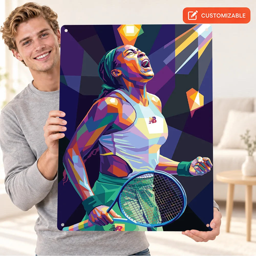 Coco Gauff Racket Celebration Aluminum Poster Personalized Metal Sign Roaring Color Blocks Illustration Wall Art For Bedroom