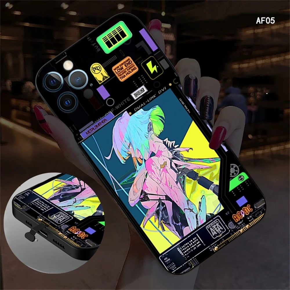 2025 التحكم الصوتي Led فلاش حالات آيفون 16 15 14 13 12 11 برو ماكس ميني X XS XR SE2020 زائد مضيئة أنيمي غطاء زجاجي