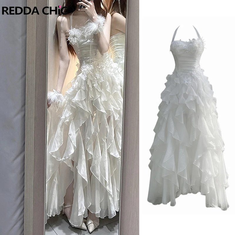 

ReddaChic Royal Flower Applique Women Dress Princess Halter Ribbon Layered Ruffle Slit Long Dress Birthday Wedding Guest Clothes