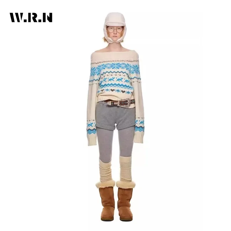 Pullover a maniche lunghe lavorato a maglia con stampa geometrica stile vintage da strada da donna 2025 Maglione grunge allentato con collo slash casual invernale