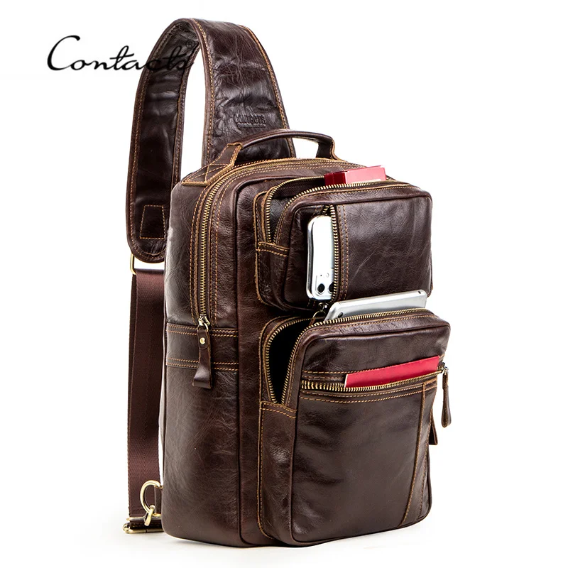 Multifunction Crossbody Bag for Men Genuine Leather Chest Pack Male Messenger s 13.3