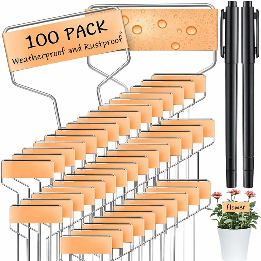 

100 шт. металлических садовых бирок для растений, водонепроницаемые маркеры для сада с 2 перманентными маркерами, многоразовые этикетки для рассады, размер L