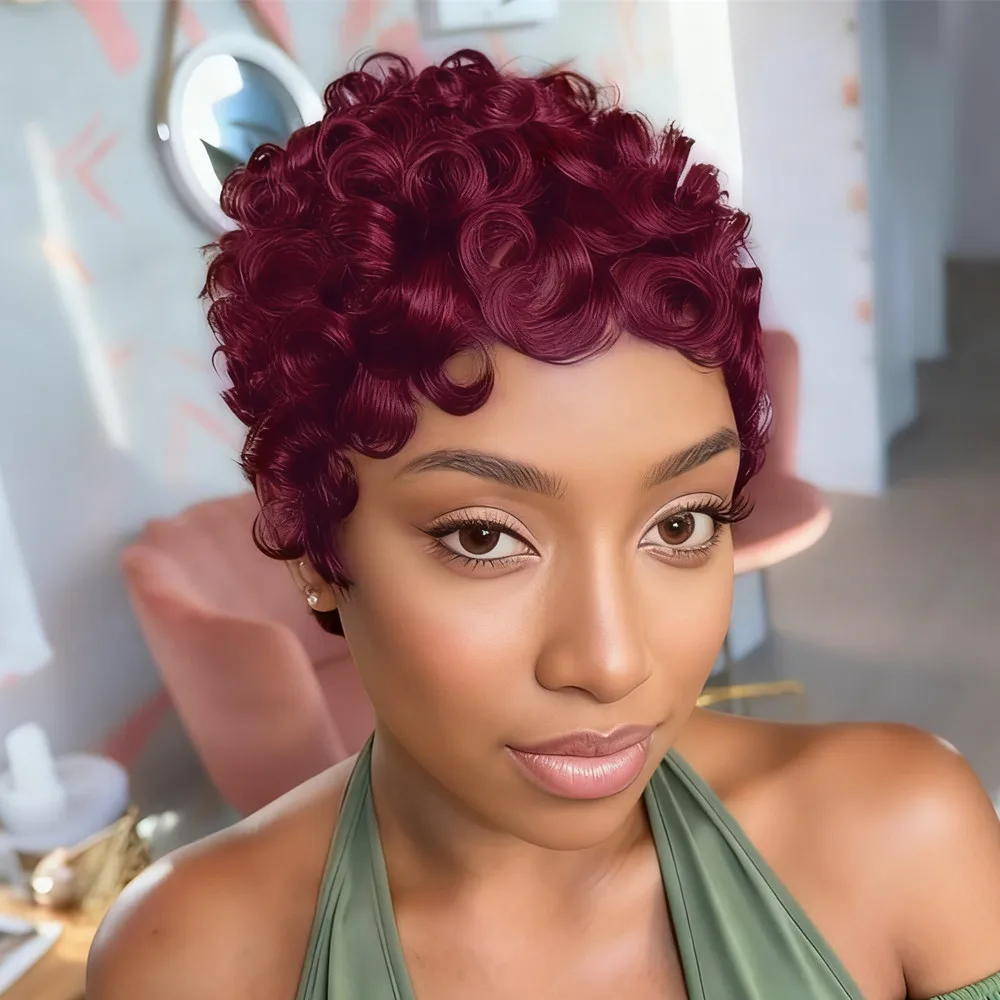 

Парик пикси, черные вьющиеся короткие человеческие волосы, парик машинного производства, парики из натуральных волос для женщин, парик с стрижкой пикси