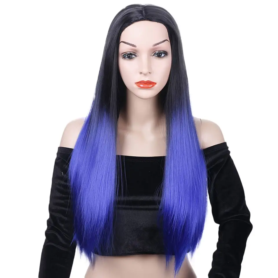 28-inch synthetic black gradient long straight hair without bangs women\'s mid-point heat-resistant highlighting wig