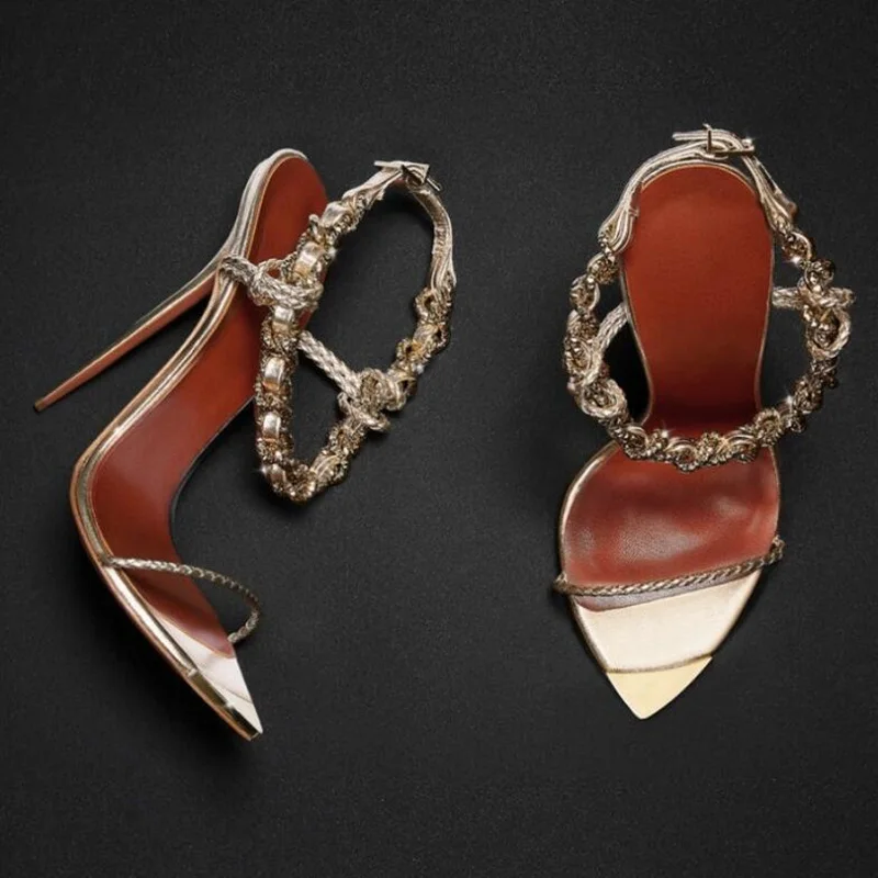 

Newest Gold Metal Braid Chain High Heel Sandals Metallic Leather Pointed Toe Thin Heels Summer Dress Shoes Size 45