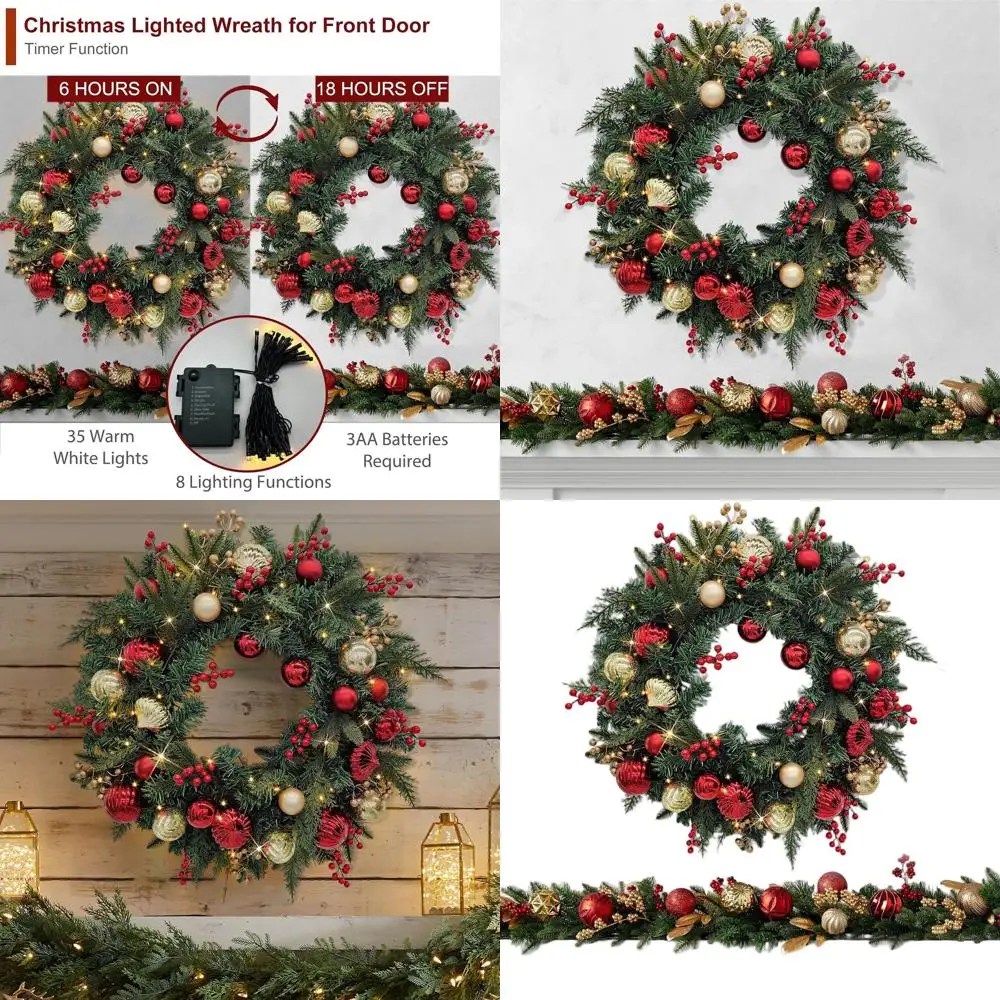 

28 светодиодных венок с предварительной подсветкой — 35 лампочек, декор из красных и золотых ягод для Рождества в помещении и на открытом воздухе